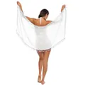 Detailed back view of white bohemian beach shawl with tassel fringe and sheer fabric - One Size / Bottoms / White