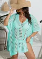 Vista detallada de un vestido de playa de punto calado de talla grande turquesa en modelo - Talla única / Tops / Verde menta