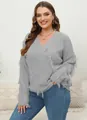 Plus size light grey V-neck knit sweater featuring stylish tassel fringe details for women - 3XL / Tops / Gray