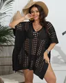 Vestido playero negro de talla grande con escote en V profundo y tejido calado sexy - Talla única / Tops / Negro