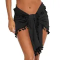 Detailed macro view of black beach sarong with elegant tassel hem and woven texture - One Size / Bottoms / Black