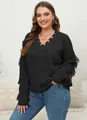 Plus size women's black V-neck knitted sweater with stylish fringe tassels for autumn and winter - Black