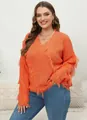 Vibrant orange plus size V-neck knitted sweater with trendy tassel fringe details - 3XL / Tops / Orange