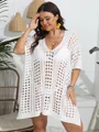 Elegante vestido playero de crochet blanco de talla grande con escote en V profundo - Talla única / Tops / Blanco