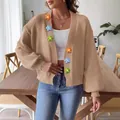 Women's stylish beige knit cardigan featuring colorful hand-crochet 3D flower patches - S / Tops / Khaki