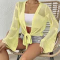 Cárdigan de mujer amarillo claro de punto calado con lazo frontal y mangas de campana - Talla única / Tops / Verde amarillento
