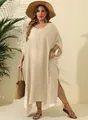 Full-length view of a beige plus size loose beach cover-up maxi dress with side split - One Size (11701) / Tops / Apricot