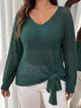 Elegant green hollow-out V-neck knit cover-up with tie-knot detail for women - One Size / Tops / Dark Green