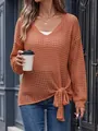 Elegant women's V-neck hollow-out knit sweater in burnt orange with tie-front bow knot detail - One Size / Tops / Brown