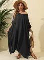 Plus size black loose beach cover-up maxi dress with side slit and textured fabric detail - One Size (11701) / Tops / Black