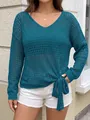 Chic teal V-neck hollow-out knit top detail featuring a stylish side bow tie hem knot - One Size / Tops / Peacock Blue