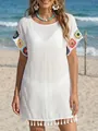 Cubre traje de baño blanco bohemio con flores de ganchillo y dobladillo con borlas - Talla única / Bottoms / Blanco