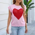 Top de punto rosa sin mangas elegante con un llamativo patrón de corazón rojo para mujer - S / Tops / Rosa