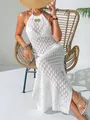 Close-up of white crochet beach cover-up dress with decorative gold seashell buckle - S / Top And Bottom / White