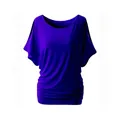 High quality detailed view of a purple cold shoulder batwing sleeve crew neck top for women. - Blue