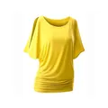 Vue détaillée de face d'un t-shirt jaune pour femme avec manches chauve-souris évidées - S / Hauts / Jaune