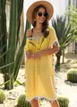 Stylish yellow bohemian beach cover-up with colorful tassels and crochet details - One Size / Tops / Yellow