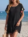 Detalle de vestido de playa boho negro con mangas de ganchillo y borlas en el bajo - Talla única / Bottoms / Negro