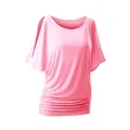 Detailed view of women's pink cold shoulder batwing sleeve T-shirt with ruched hem - Pink