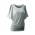 Close-up of a grey cold-shoulder batwing sleeve T-shirt with stylish ruched hem details. - Gray