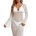 Elegant white mesh crochet deep V-neck beach maxi dress cover-up for summer vacation - S / Top (Z666302) / White (Starfish)