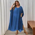 Plus Size königsblaues loses Strandkleid Maxi-Abdeckung mit Seitenschlitz für Urlaub - Einheitsgröße (11701) / Oberteile / Saphirblau