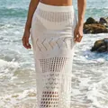 Elegant white knit crochet beach maxi skirt with intricate textured patterns for summer vacation - S / Bottoms / White