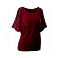 Elegant burgundy women's batwing sleeve T-shirt featuring cold-shoulder slits and gathered hem - Burgundy
