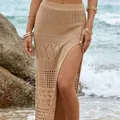Beige high-slit textured open-knit beach maxi skirt for summer holiday vacation cover-up - S / Bottoms / Camel