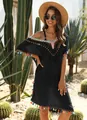 Close-up of black crochet beach cover-up with colorful tassels and V-neckline - One Size / Tops / Black