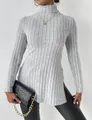 Close-up of grey high-neck ribbed knit sweater featuring side slits and slim fit design - S / Tops / Heather Grey