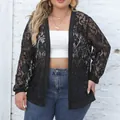 Elegant plus size black sheer floral lace open front cardigan jacket for women's casual wear - 0XL / Tops / Black