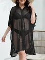Elegante vestido de playa de talla grande con malla negra y cuello camisero para vacaciones - Tops / Negro