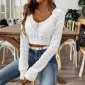 Stilvoller weißer langärmliger hohl gestrickter Polo-Crop-Pullover für Damen im Frühling - Weiß
