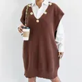 Oversized brown knit sweater vest dress featuring hand-crocheted daisy flower appliques - One Size / Tops / Coffee