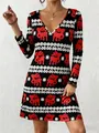 Close-up view of women's Christmas A-line dress with deep V-neck and reindeer print - S / Tops / Deer Print