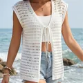 White crochet tie-front beach cover-up vest for women, sleeveless knitted sunscreen cardigan - S / Tops / White