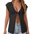 Women's black crochet beach cover-up with sexy tie-front and hollow knit design for bikini - S / Tops / Black