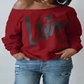 Stylish wine red off-shoulder sweatshirt with a bold black LOVE letter print detail - S / Tops / Burgundy