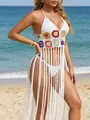 Detail of hand-crocheted beach cover-up with colorful flower patterns and long tassels. - One Size / Tops / White