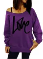 Detail view of a purple off-the-shoulder sweatshirt with stylish black LOVE graphic print - S / Tops / Purple