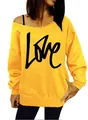 Close-up of a sexy off-shoulder yellow sweatshirt featuring a large black LOVE print detail. - S / Tops / Yellow