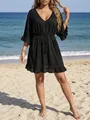 Elegante vestido de playa negro con cuello en V, mangas con volantes y cordón borla - Talla única / Tops / Negro