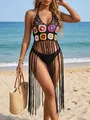 Bohemian hand-crocheted floral bikini cover-up with long fringe on a sunny beach - One Size / Tops / Black