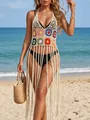 Detailed macro view of hand-crocheted floral pattern and tassels on beach cover-up - One Size / Tops / Apricot