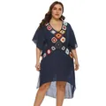 Plus size navy blue beach dress with colorful crochet flower details - One Size / Tops / Navy Blue