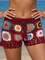 Handmade colorful crochet granny square beach shorts with floral embroidery pattern - S / Bottoms / Wine Red