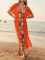 Bohemian orange crochet maxi beach cover up dress featuring colorful floral patchwork design - One Size / Top And Bottom / Orange