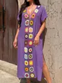 Close-up of purple beach cover-up with colorful handmade crochet flower patchwork - One Size / Top And Bottom / Purple