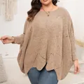Maglione in maglia marrone chiaro taglie forti da donna con maniche a pipistrello e orlo - 1XL / Top / Cachi